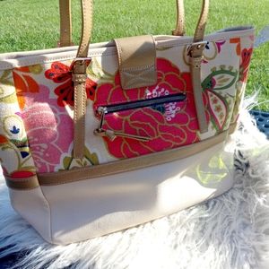 SPARTINA 449 LEATHER AND LINEN FLORAL SHOULDER PURSE